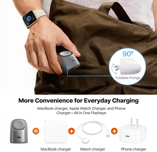 Alt view image 5 of 7 - FlashEye 45W Charger for iPhone 18 Pro Max/Duo for Apple Watch Gray | Up to 45W GaN USB-C Power, Up to 5W Magnetic Charging for Apple Watch and for Select AirPods Models, for MacBook and for iPad