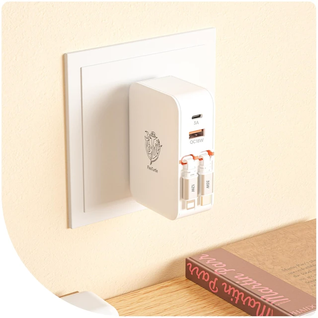 Main image of FlexTurtle 4-in-1 Retractable Wall Charger,35W Ultra-Compact Travel Charger | Built-in Dual 3.28ft Type-C & Older iPhone Charging Cables, USB-A + USB-C Ports, Foldable Plug for Travel