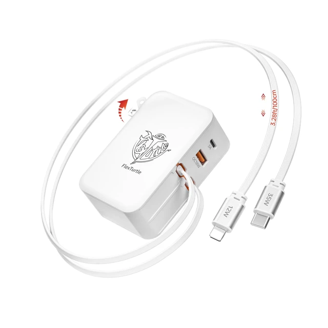 Alt view image 2 of 7 - FlexTurtle 4-in-1 Retractable Wall Charger,35W Ultra-Compact Travel Charger | Built-in Dual 3.28ft Type-C & Older iPhone Charging Cables, USB-A + USB-C Ports, Foldable Plug for Travel