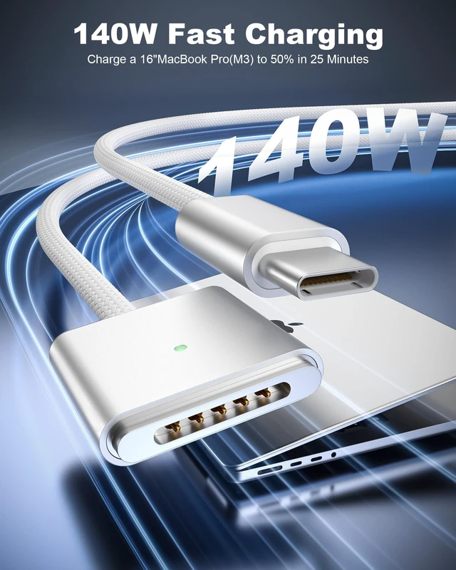 Alt view image 2 of 7 - FOXSEA 140W MagSafe-3 Fast Charging Cable 6.6FT Braided Charging Cord | USB-C to Magnetic 3 Charger Cord Compatible with MacBook Pro 14"16" M1-M5(2026-2021),Air 13"15" M2 M3 M4 M5 (2022-2026)