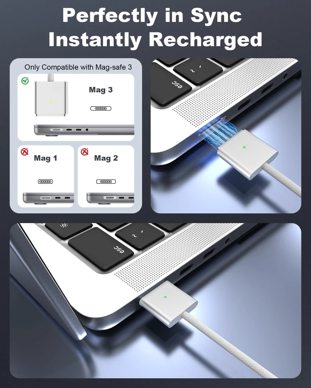 Alt view image 3 of 7 - FOXSEA 140W MagSafe-3 Fast Charging Cable 6.6FT Braided Charging Cord | USB-C to Magnetic 3 Charger Cord Compatible with MacBook Pro 14"16" M1-M5(2026-2021),Air 13"15" M2 M3 M4 M5 (2022-2026)