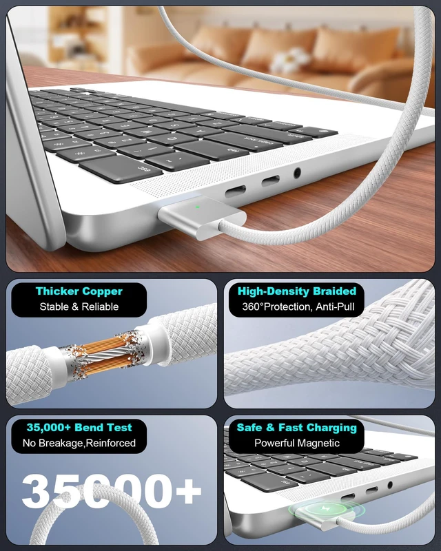 Alt view image 6 of 7 - FOXSEA 140W MagSafe-3 Fast Charging Cable 6.6FT Braided Charging Cord | USB-C to Magnetic 3 Charger Cord Compatible with MacBook Pro 14"16" M1-M5(2026-2021),Air 13"15" M2 M3 M4 M5 (2022-2026)