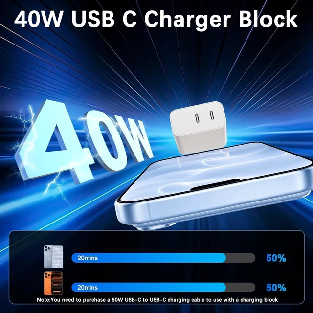 Alt view image 2 of 7 - USB C Charging Block Fast Charger,2Pack 40W Dual Port Fast USB C Wall Charger Block,Type C Charging Plug Power Adapter Compatible with iPhone Duo/18 Pro/18 Pro Max/17/Air/16e/16 Plus/15/14/13/12,iPad