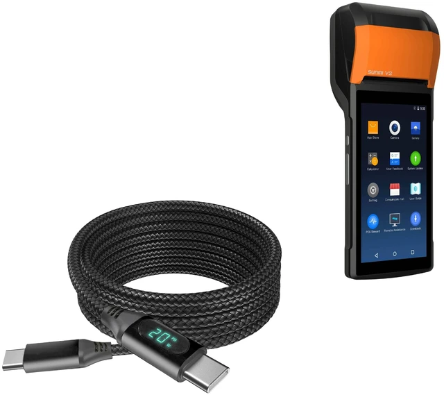 Main image of BoxWave Cable Compatible with Sunmi V2 - PowerDisplay PD Cable (6ft) - USB-C to USB-C (100W), LED Wattage Info Extra Long Braided Nylon - Jet Black