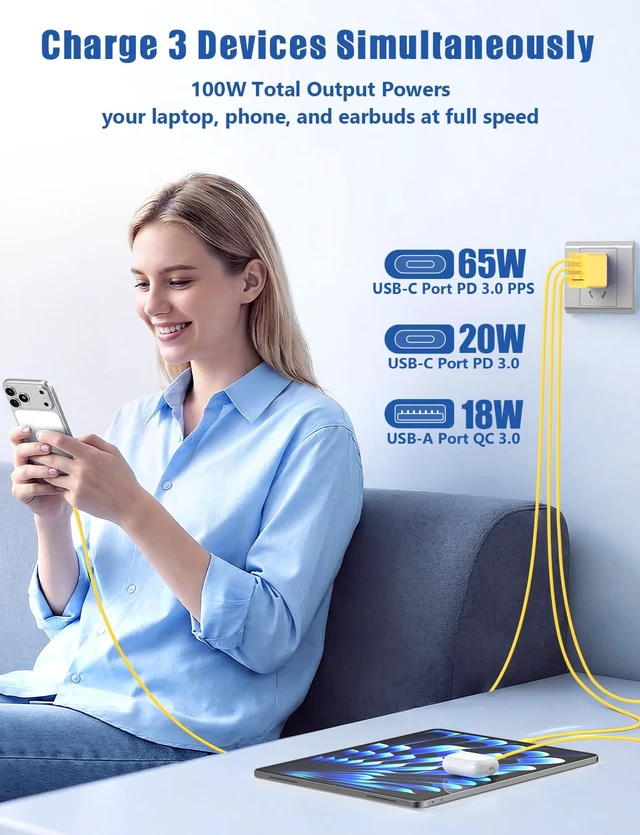 Alt view image 5 of 20 - Susnwere 85W USB C Wall Charger for Samsung S26 Ultra,3 Port 100W PD Quick 3.0 Type C Charging with 3/6/10/10FT USB C Cable for Samsung Galaxy S26+/S25/S24/S23 Ultra/S22/S21/S20/Android Phones