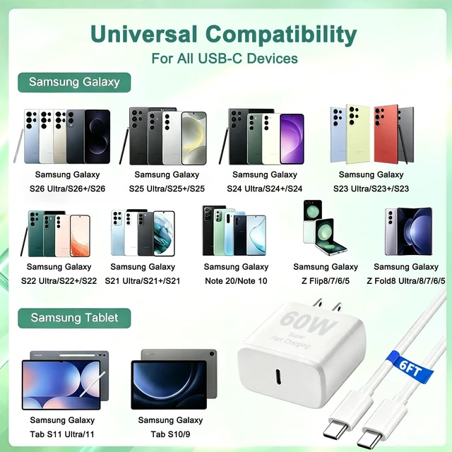 Alt view image 3 of 7 - 60W Super Fast Type C Charger for Samsung,USBC Block with 6FT Charging Cord | Charger for Samsung Galaxy S26 Ultra/S25/S24/S23/Z Fold8 Ultra/Z Flip8,Android Phone Charger Block &6FT Long USB C Cable