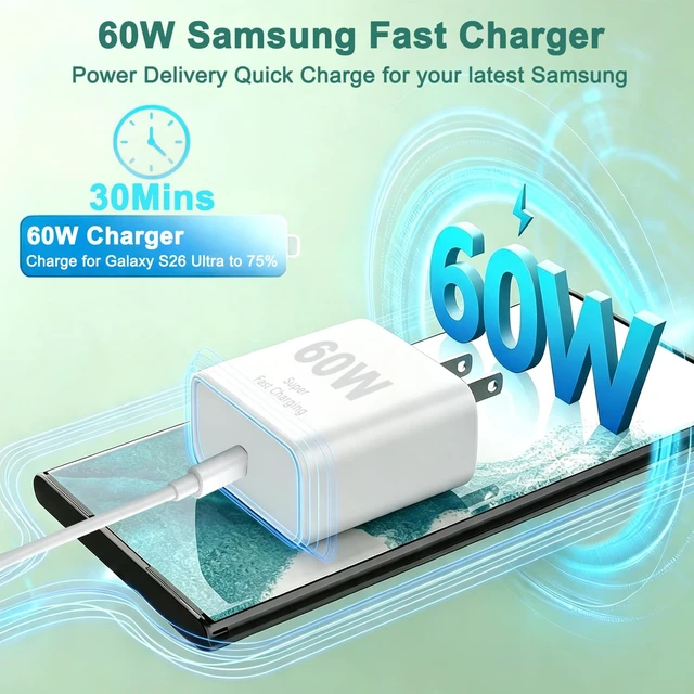 Alt view image 2 of 7 - 60W Super Fast Type C Charger for Samsung,USBC Block with 6FT Charging Cord | Charger for Samsung Galaxy S26 Ultra/S25/S24/S23/Z Fold8 Ultra/Z Flip8,Android Phone Charger Block &6FT Long USB C Cable