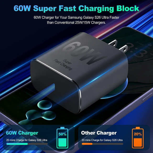 Alt view image 2 of 7 - Samsung Super Fast Charger 60W Samsung Android Phone Charger Power Adapter Samsung Wall Charger Fast Charging Quick USB C Charger Block for Samsung Galaxy S26 Ultra/S26+/S25+/S24/S23,Z Fold 8,Z Flip 8