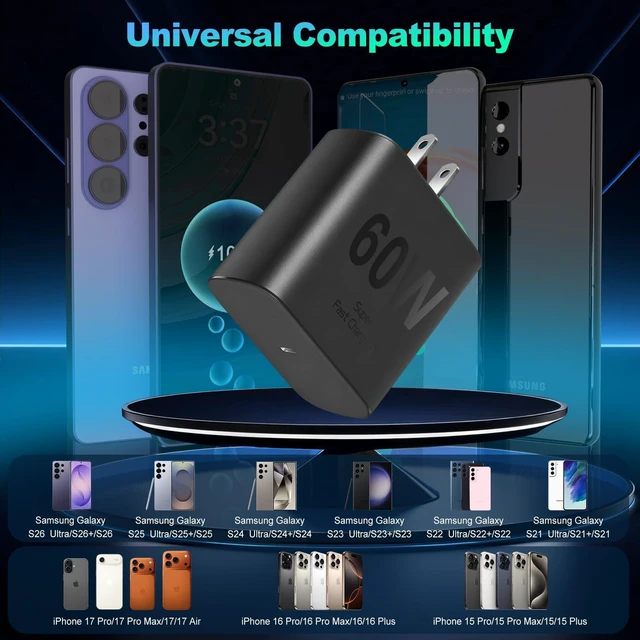 Alt view image 3 of 7 - Samsung Super Fast Charger 60W Samsung Android Phone Charger Power Adapter Samsung Wall Charger Fast Charging Quick USB C Charger Block for Samsung Galaxy S26 Ultra/S26+/S25+/S24/S23,Z Fold 8,Z Flip 8