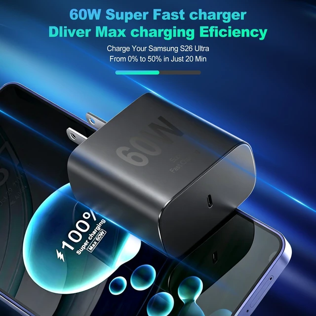 Alt view image 6 of 7 - Samsung Super Fast Charger 60W Samsung Android Phone Charger Power Adapter Samsung Wall Charger Fast Charging Quick USB C Charger Block for Samsung Galaxy S26 Ultra/S26+/S25+/S24/S23,Z Fold 8,Z Flip 8