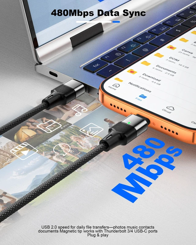 Alt view image 5 of 7 - ZBF 240W USB C Magnetic Cable 3Pack 4/6.6/6.6FT Fast Charger Cord Type C | 24Pin Full Contact | PD3.1 Fast Charging | Port Protector | Nylon Braided | One-Hand Snap | LED Indicator for Phone Mac