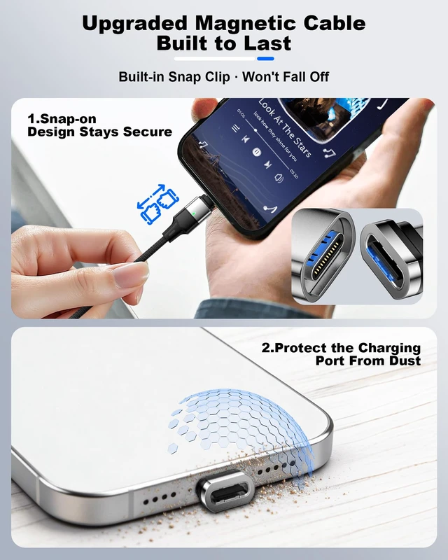 Alt view image 4 of 7 - ZBF 240W USB C Magnetic Cable 3Pack 4/6.6/6.6FT Fast Charger Cord Type C | 24Pin Full Contact | PD3.1 Fast Charging | Port Protector | Nylon Braided | One-Hand Snap | LED Indicator for Phone Mac