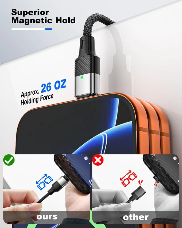 Alt view image 7 of 7 - ZBF 240W USB C Magnetic Cable 3Pack 4/6.6/6.6FT Fast Charger Cord Type C | 24Pin Full Contact | PD3.1 Fast Charging | Port Protector | Nylon Braided | One-Hand Snap | LED Indicator for Phone Mac
