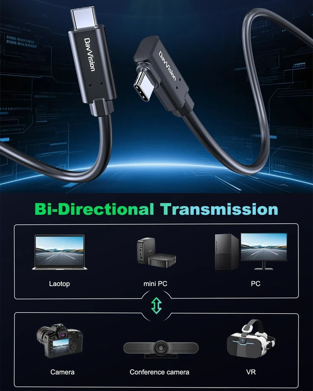 Alt view image 3 of 7 - DavVision Long Tether Cable 16.4FT, USB C Fiber Optic Cable Right Angle, PD 60W & 10Gbps Zero Data Loss Between Camera and Computer for Canon/Sony/Nikon,Ultra Slim & Soft for Logitech Webcam,VR/AR