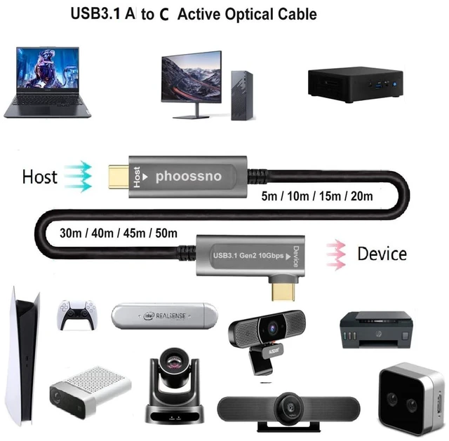 Alt view image 4 of 6 - phoossno USB C to C Fiber Optical Cable USB 3.1Type C Angle Cable 10Gbps 33FT Compatible with Microsoft Azure Logitech Camera Aver &Vaddio & Barco ClickShare Touch Screen Kinect Intel RealSense