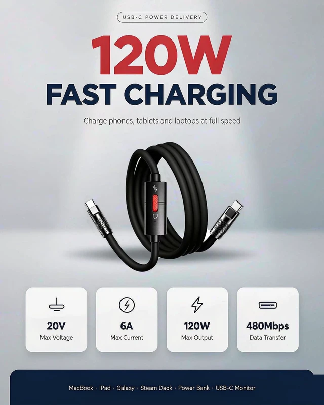 Alt view image 3 of 5 - ipremium USB C Data Blocker Cable, 120W Fast Charge, LED Switch, 3.3FT | LED shows mode: red for Secure Charge and green for Data Mode. Supports up to 120W USB-C PD charging and 480Mbps data