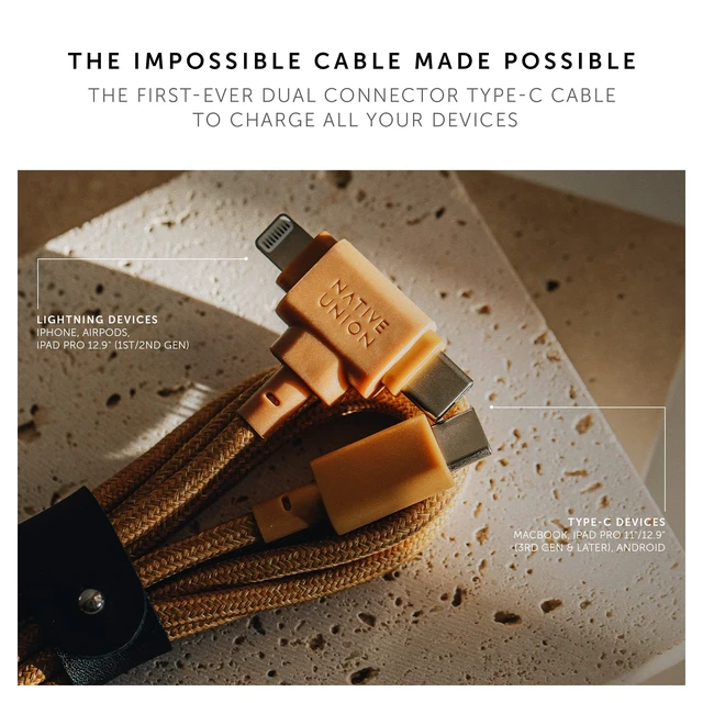 Alt view image 2 of 7 - Native Union Belt Cable Duo 5ft Ultra-Strong Braided Universal Charging Cable Made with Recycled Materials 2-in-1 Multi-Device MFi Certified Connectors for Lightning & Type-C Devices (Kraft)