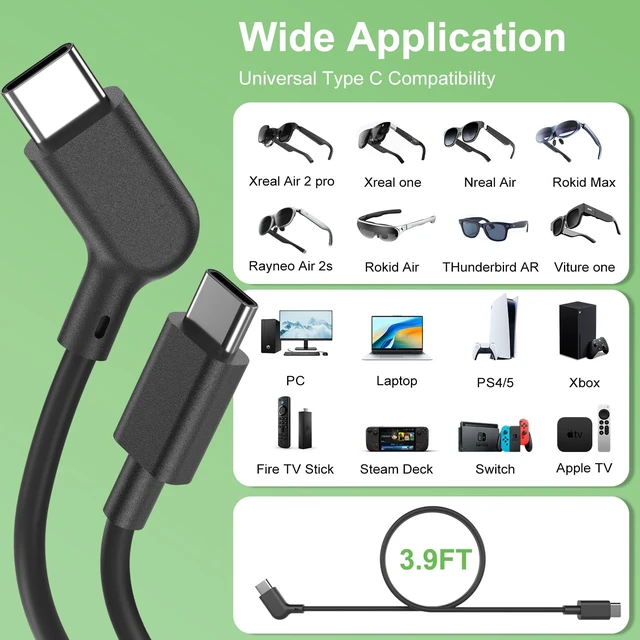 Alt view image 7 of 7 - AR Smart Glasses USB C Charging Data & Power Supply Cable 1.2M/3.9FT | 20Gbps USB 3.2 Gen2 Compatible with XREAL Air/One, VITURE Pro XR, RayNeo Air,Rokid Max / Joy