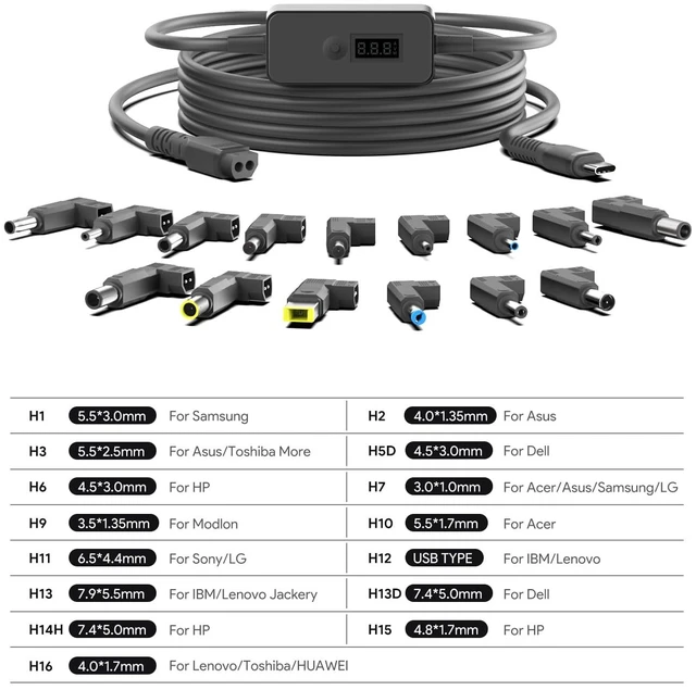 Alt view image 4 of 7 - CASIMY PD USB C to DC Fast Charging Cable with Adjustable Voltage Output 5V/9V/12V/15V/20V/28V Universal PD Fast Charging Cord Multi-Voltage Adapter with 15 Connectors Tips 6.9 ft with LED Display