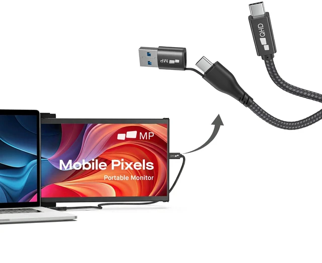 Main image of MP Mobile Pixels Portable Monitor Cable, 2-in-1 USB-C to USB-C/A Cable | Video & Power Cable with Right Angle Head, High-Speed Data Display Cord for DUEX, Trio, Laptop Screen Extender (3ft)