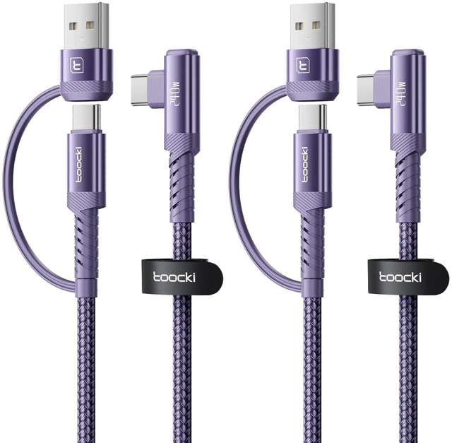Main image of 240W USB C to USB C Cable 10FT 2Pack, 2-in-1 Right Angle, Fast Charging | Nylon Braid, PD 3.1, Purple, USB-A & C Dual-Input for iPhone 17/16/15 Pro, MacBook Pro, iPad, Samsung Galaxy S26/S25