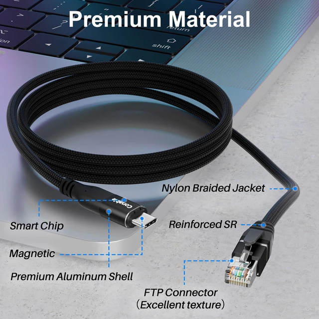 Alt view image 7 of 7 - USB C to Ethernet Cable 6 FT, Magnetic USB Type-C to RJ45 Cable, Braided | Directly Connected, Cat6, Compatible with MacBook, iPad Pro, XPS, Surface Pro, Laptop, PC, etc. with 2 USB-C Plugs & 1 Holder