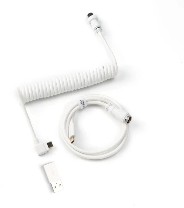 Main image of Keychron White Coiled USB-C Angled Aviator Cable for K Series (Pro/Max/HE), 5-Pin GX12 Detachable Metal Connector, USB-A Adapter, Durable Braided Cable for Mechanical Keyboards, Charging & Data Sync