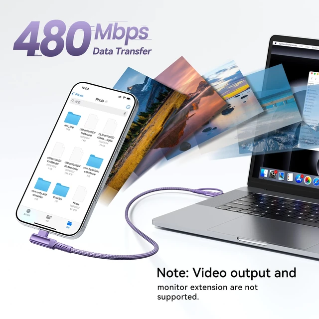 Alt view image 5 of 7 - 240W USB C to USB C Cable 10FT 2Pack, 2-in-1 Right Angle, Fast Charging | Nylon Braid, PD 3.1, Purple, USB-A & C Dual-Input for iPhone 17/16/15 Pro, MacBook Pro, iPad, Samsung Galaxy S26/S25