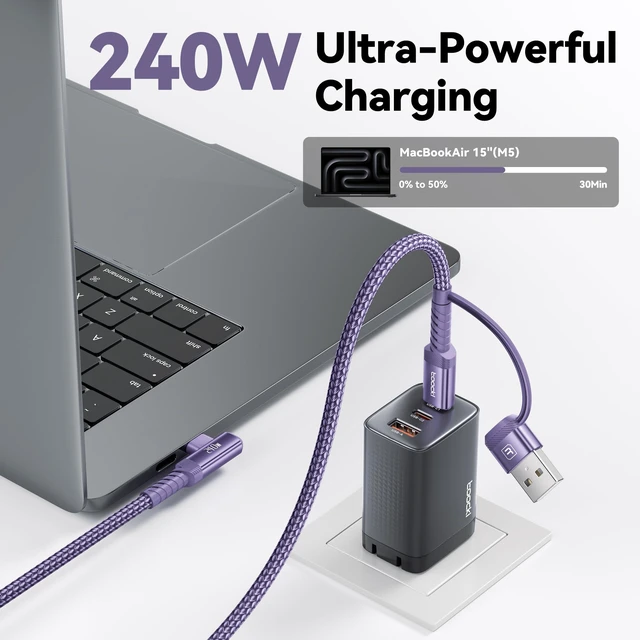 Alt view image 2 of 7 - 240W USB C to USB C Cable 10FT 2Pack, 2-in-1 Right Angle, Fast Charging | Nylon Braid, PD 3.1, Purple, USB-A & C Dual-Input for iPhone 17/16/15 Pro, MacBook Pro, iPad, Samsung Galaxy S26/S25