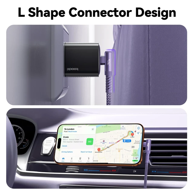Alt view image 3 of 7 - 240W USB C to USB C Cable 10FT 2Pack, 2-in-1 Right Angle, Fast Charging | Nylon Braid, PD 3.1, Purple, USB-A & C Dual-Input for iPhone 17/16/15 Pro, MacBook Pro, iPad, Samsung Galaxy S26/S25