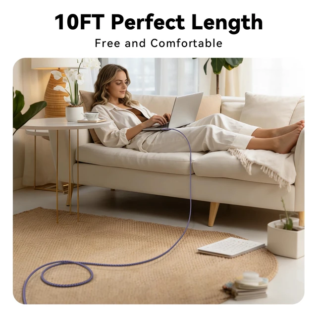 Alt view image 7 of 7 - 240W USB C to USB C Cable 10FT 2Pack, 2-in-1 Right Angle, Fast Charging | Nylon Braid, PD 3.1, Purple, USB-A & C Dual-Input for iPhone 17/16/15 Pro, MacBook Pro, iPad, Samsung Galaxy S26/S25