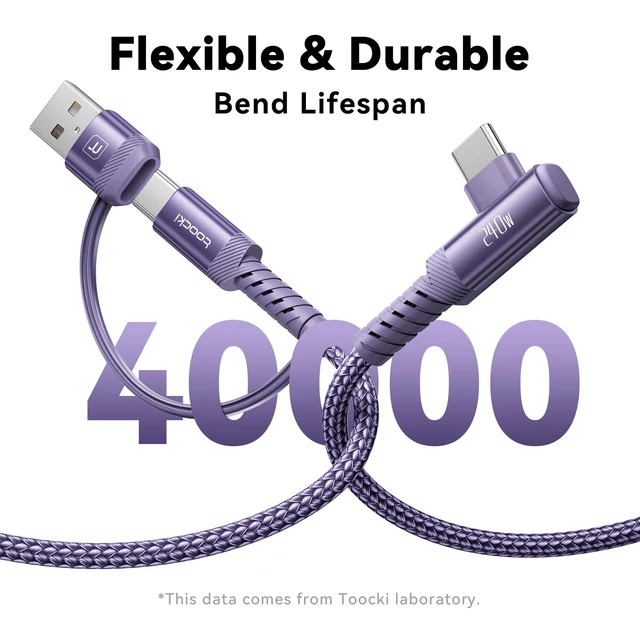 Alt view image 6 of 7 - 240W USB C to USB C Cable 10FT 2Pack, 2-in-1 Right Angle, Fast Charging | Nylon Braid, PD 3.1, Purple, USB-A & C Dual-Input for iPhone 17/16/15 Pro, MacBook Pro, iPad, Samsung Galaxy S26/S25