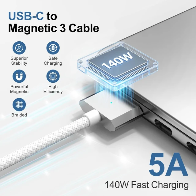 Alt view image 5 of 5 - Zuoziel 140W USB-C to Magnetic 3 Charging Cable 6.6FT | Compatible with MagSafe 3 for MacBook Air/Pro M5 M4 M3 M2 (2021-2026 Models) - White Fast Charge Safe Cable-White