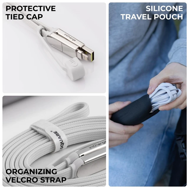 Alt view image 6 of 6 - Rolling Square inCharge XL 200 cm - USB-C Cable, Universal Smartphone Cable, Gift for Men, 6-in-1 Universal Charger for Smartphones, Technical Gadget, White, Lightning Cable 100W