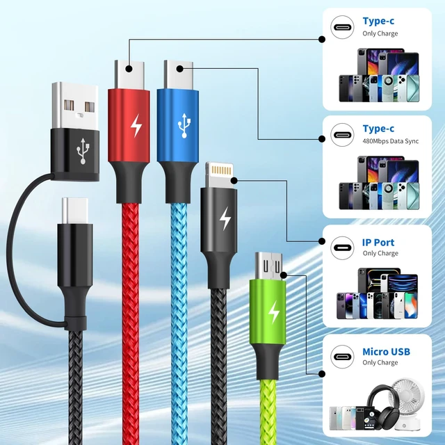 Alt view image 2 of 7 - 4 in 2 Multi Charging Cable, 3 Pack 5FT Charging Cord for Multiple Devices | USB C Charging Cable with Dual Type-C, IP & Micro Ports, Nylon Braided Multi Device Charger Cord for Travel and Car