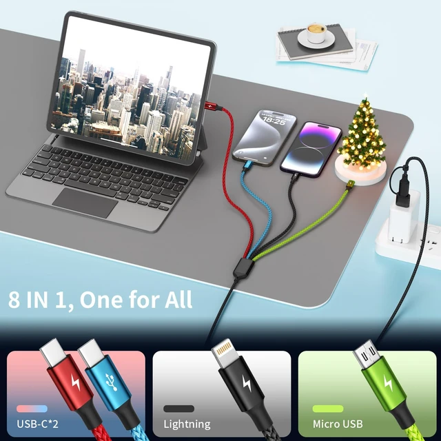 Alt view image 4 of 7 - 4 in 2 Multi Charging Cable, 3 Pack 5FT Charging Cord for Multiple Devices | USB C Charging Cable with Dual Type-C, IP & Micro Ports, Nylon Braided Multi Device Charger Cord for Travel and Car