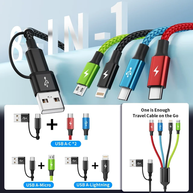 Alt view image 5 of 7 - 4 in 2 Multi Charging Cable, 3 Pack 5FT Charging Cord for Multiple Devices | USB C Charging Cable with Dual Type-C, IP & Micro Ports, Nylon Braided Multi Device Charger Cord for Travel and Car