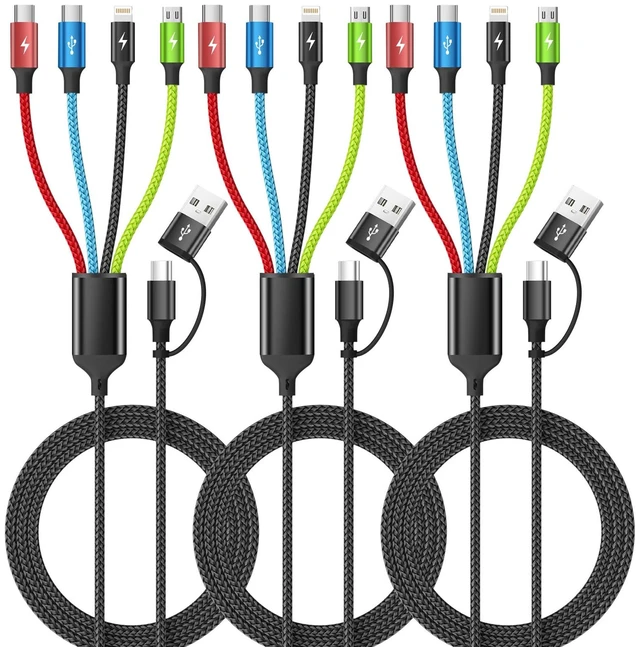 Main image of 4 in 2 Multi Charging Cable, 3 Pack 5FT Charging Cord for Multiple Devices | USB C Charging Cable with Dual Type-C, IP & Micro Ports, Nylon Braided Multi Device Charger Cord for Travel and Car
