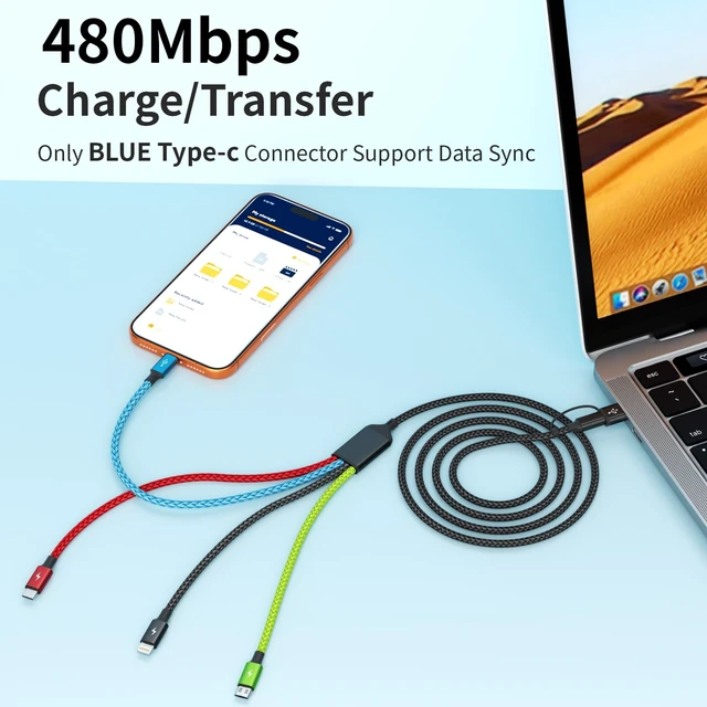 Alt view image 3 of 7 - 4 in 2 Multi Charging Cable, 3 Pack 5FT Charging Cord for Multiple Devices | USB C Charging Cable with Dual Type-C, IP & Micro Ports, Nylon Braided Multi Device Charger Cord for Travel and Car