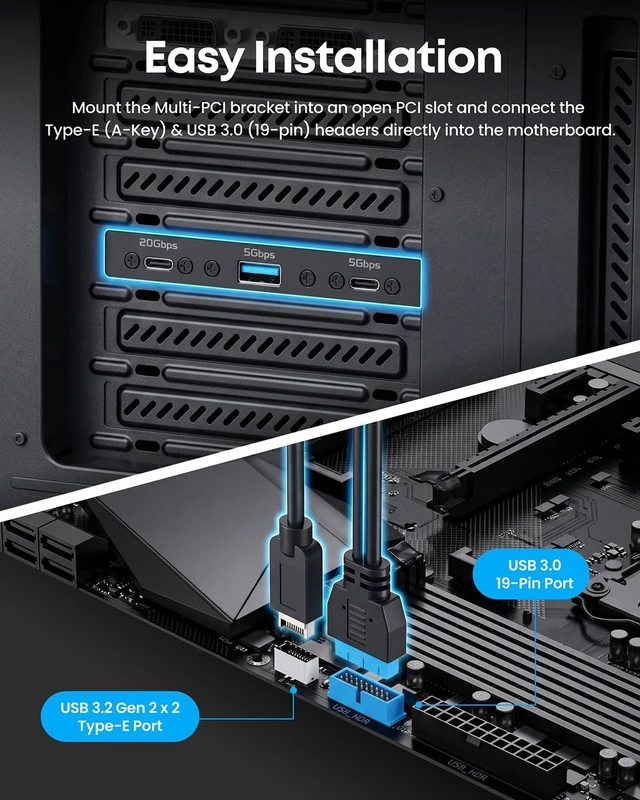Alt view image 5 of 7 - GRAUGEAR 19pin USB Type E Key A Front Panel Header Extension Cable Adapter 20Gbps USB-C Port + 5Gbps USB/USB Type-C Ports, Internal Type-E Key-A 20pin and 19pin USB Headers to Rear PCIe Slot Expansion
