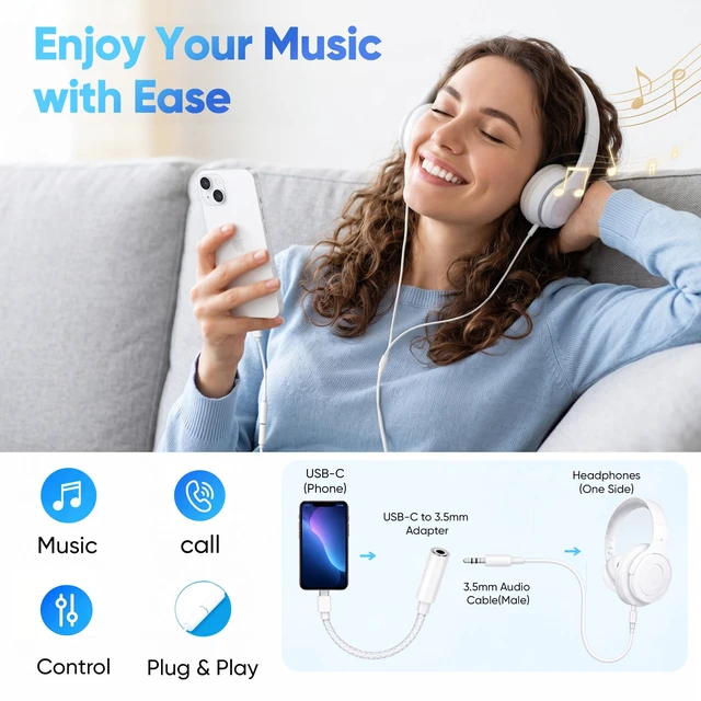 Alt view image 2 of 7 - 20Pack USB C to 3.5 mm Headphone Jack Adapter, Braided USB C to AUX Dongle HiFi DAC, USBC to Headphone Jack Adapter bulk for iPhone 18-15/Pro/Pro Max, Galaxy S26/S25/S24/S23/S22/S21, MacBook, iPad Pro