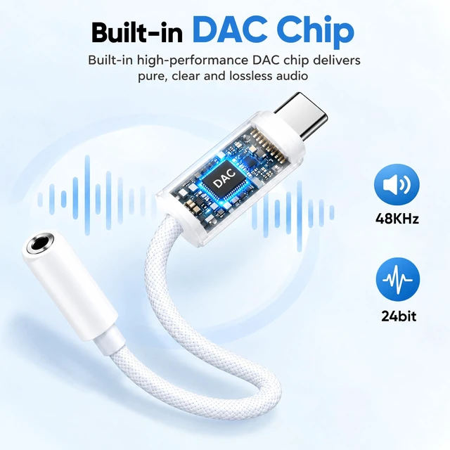 Alt view image 3 of 7 - 20Pack USB C to 3.5 mm Headphone Jack Adapter, Braided USB C to AUX Dongle HiFi DAC, USBC to Headphone Jack Adapter bulk for iPhone 18-15/Pro/Pro Max, Galaxy S26/S25/S24/S23/S22/S21, MacBook, iPad Pro