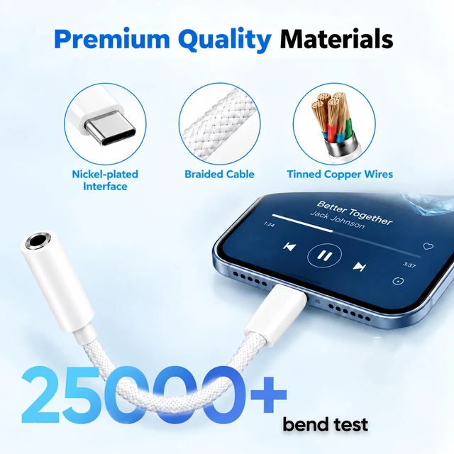 Alt view image 5 of 7 - 20Pack USB C to 3.5 mm Headphone Jack Adapter, Braided USB C to AUX Dongle HiFi DAC, USBC to Headphone Jack Adapter bulk for iPhone 18-15/Pro/Pro Max, Galaxy S26/S25/S24/S23/S22/S21, MacBook, iPad Pro