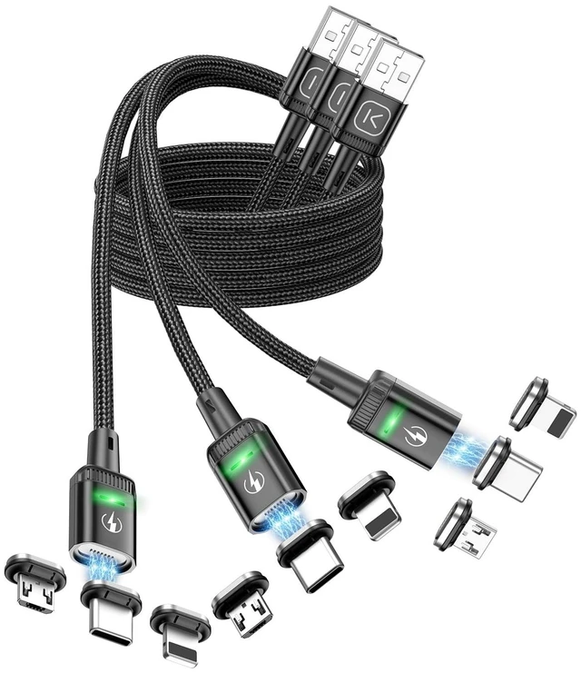 Main image of Kuulaa 3Pack Magnetic Charging Cable Magnetic Lightning Cable Magnetic Phone Charger 3A Fast Charging with 3 in 1 Charging Tips Nylon-Braided Phone Cable Compatible for iProduct/Type C/Micro Device