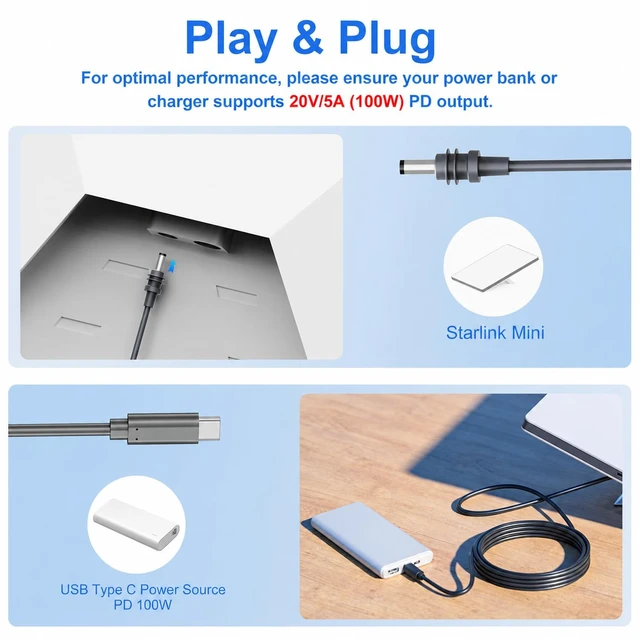 Alt view image 2 of 7 - Ureegle Starlink Mini Cable 100W, 16.5FT/5M USB C to DC Power Cord 18AWG Waterproof Outdoor Starlink Mini Accessories Compatible with High-Power Bank and PD Charger