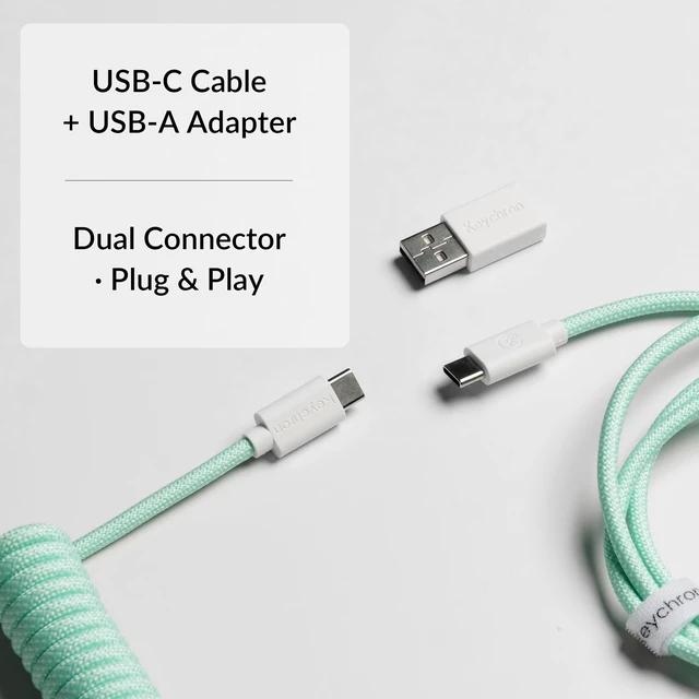 Alt view image 2 of 6 - Keychron Custom Coiled Aviator USB-C Cable - Mint, 5-Pin (GX12) Detachable Metal Connector, USB-A Adapter, Durable Braided Cable for Mechanical Keyboards, Charging & Data Transfer