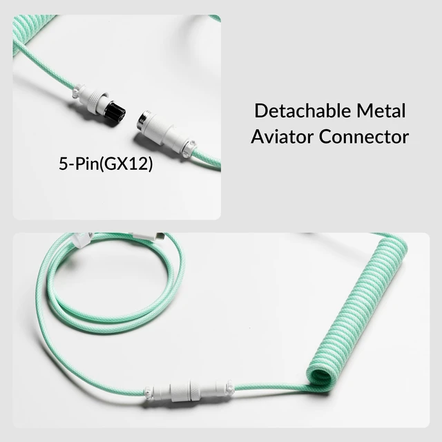 Alt view image 3 of 6 - Keychron Custom Coiled Aviator USB-C Cable - Mint, 5-Pin (GX12) Detachable Metal Connector, USB-A Adapter, Durable Braided Cable for Mechanical Keyboards, Charging & Data Transfer