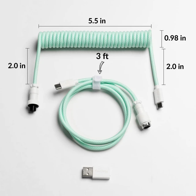 Alt view image 4 of 6 - Keychron Custom Coiled Aviator USB-C Cable - Mint, 5-Pin (GX12) Detachable Metal Connector, USB-A Adapter, Durable Braided Cable for Mechanical Keyboards, Charging & Data Transfer