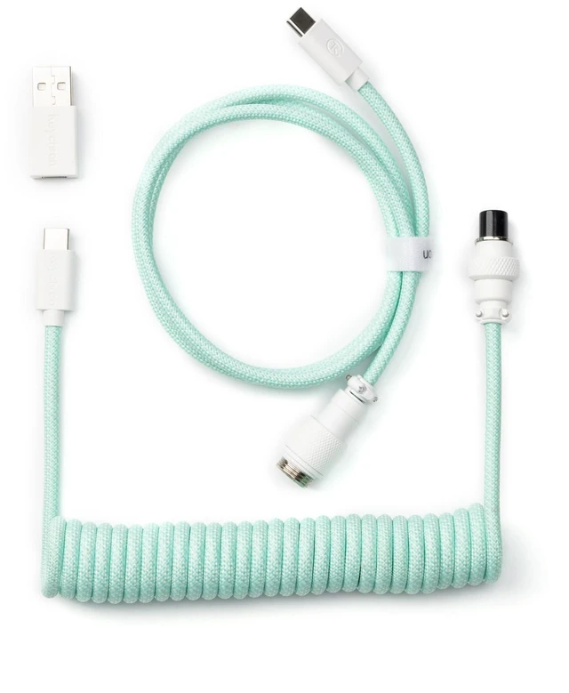 Main image of Keychron Custom Coiled Aviator USB-C Cable - Mint, 5-Pin (GX12) Detachable Metal Connector, USB-A Adapter, Durable Braided Cable for Mechanical Keyboards, Charging & Data Transfer