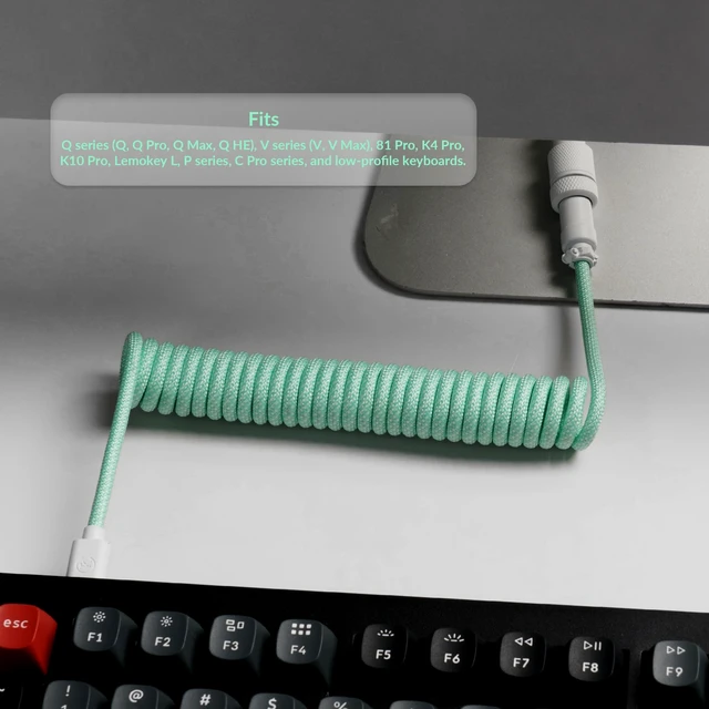 Alt view image 6 of 6 - Keychron Custom Coiled Aviator USB-C Cable - Mint, 5-Pin (GX12) Detachable Metal Connector, USB-A Adapter, Durable Braided Cable for Mechanical Keyboards, Charging & Data Transfer